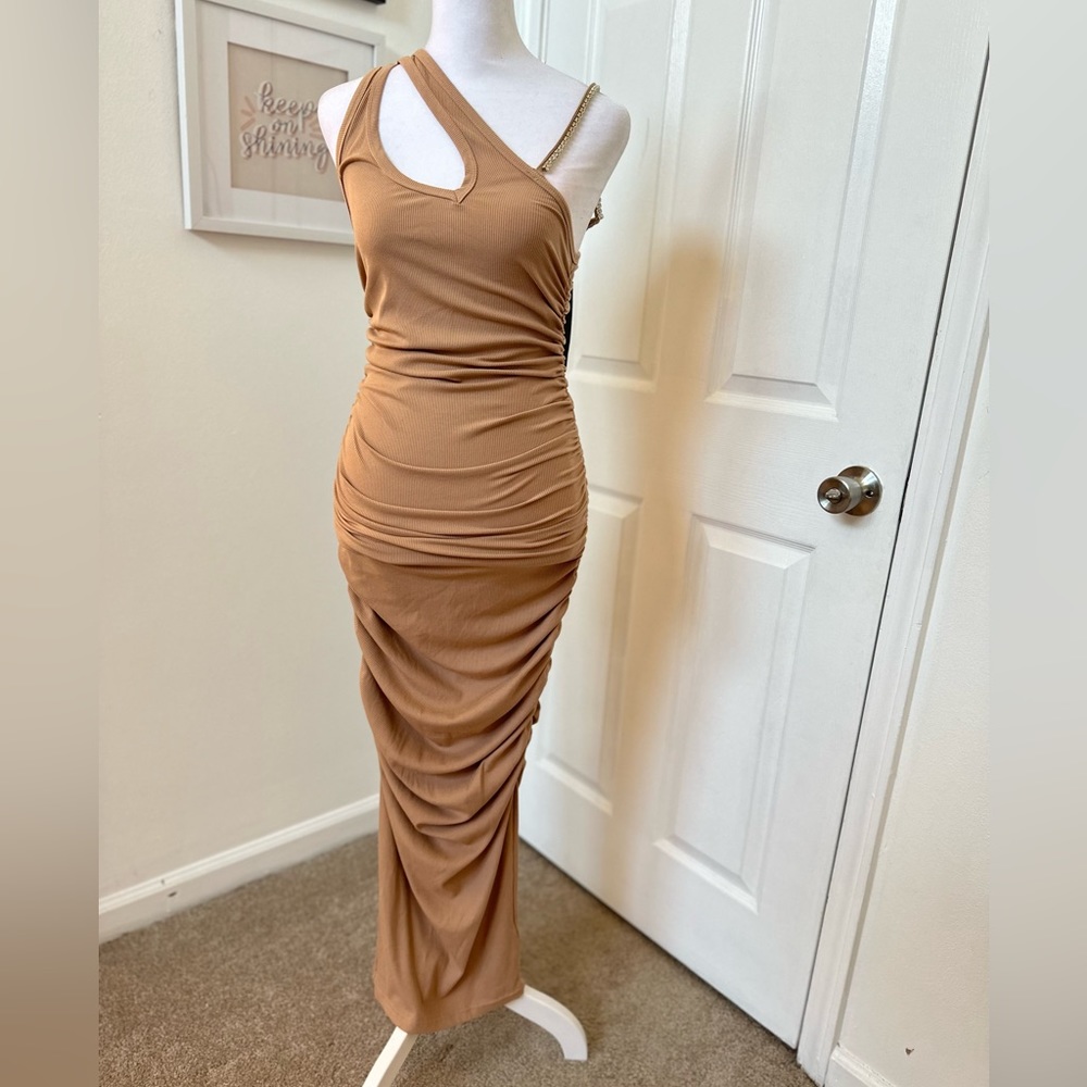 NWT - Camel Midi Dress with Rhinestone Strap – Elegant Fall Style - size Small